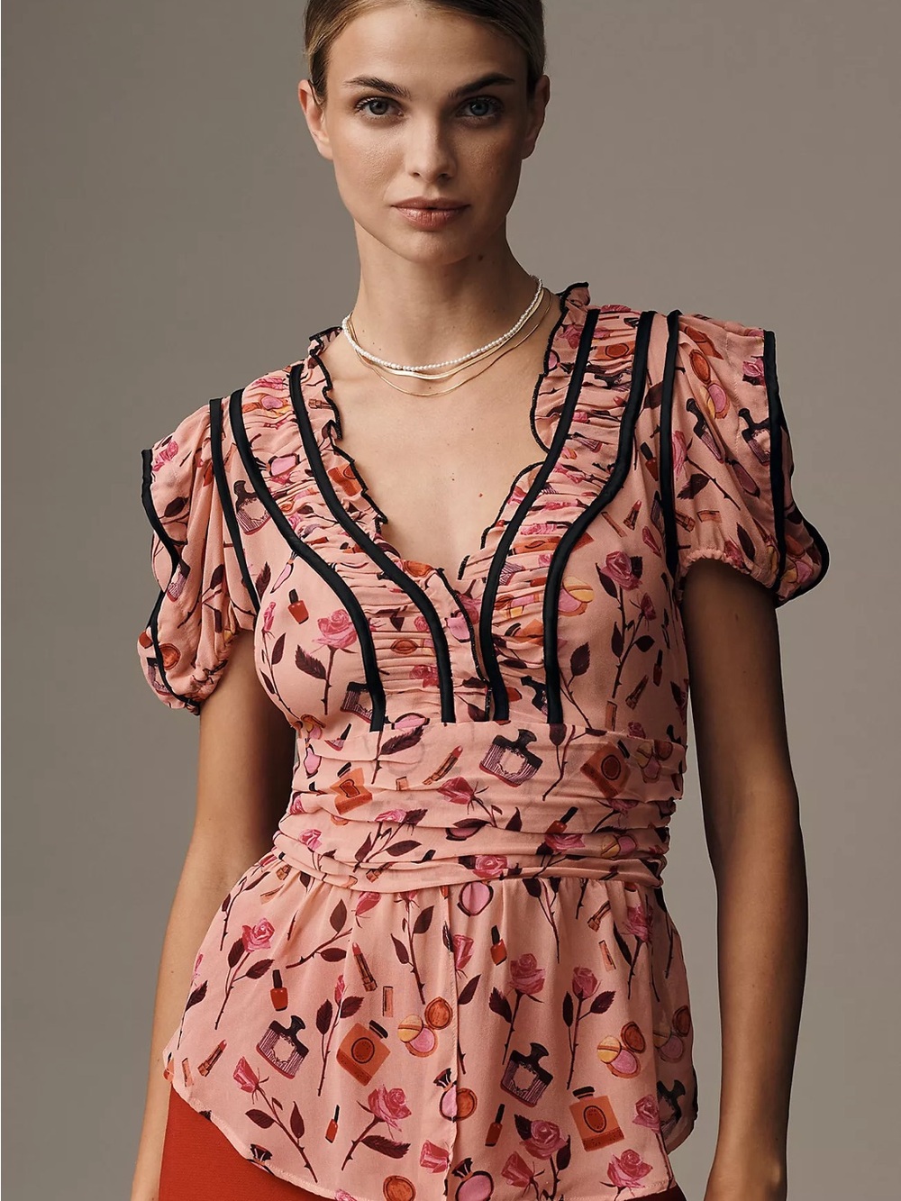 Anthropologie Maeve Pink Floral V-Neck Ruffle Blouse with Black Trim